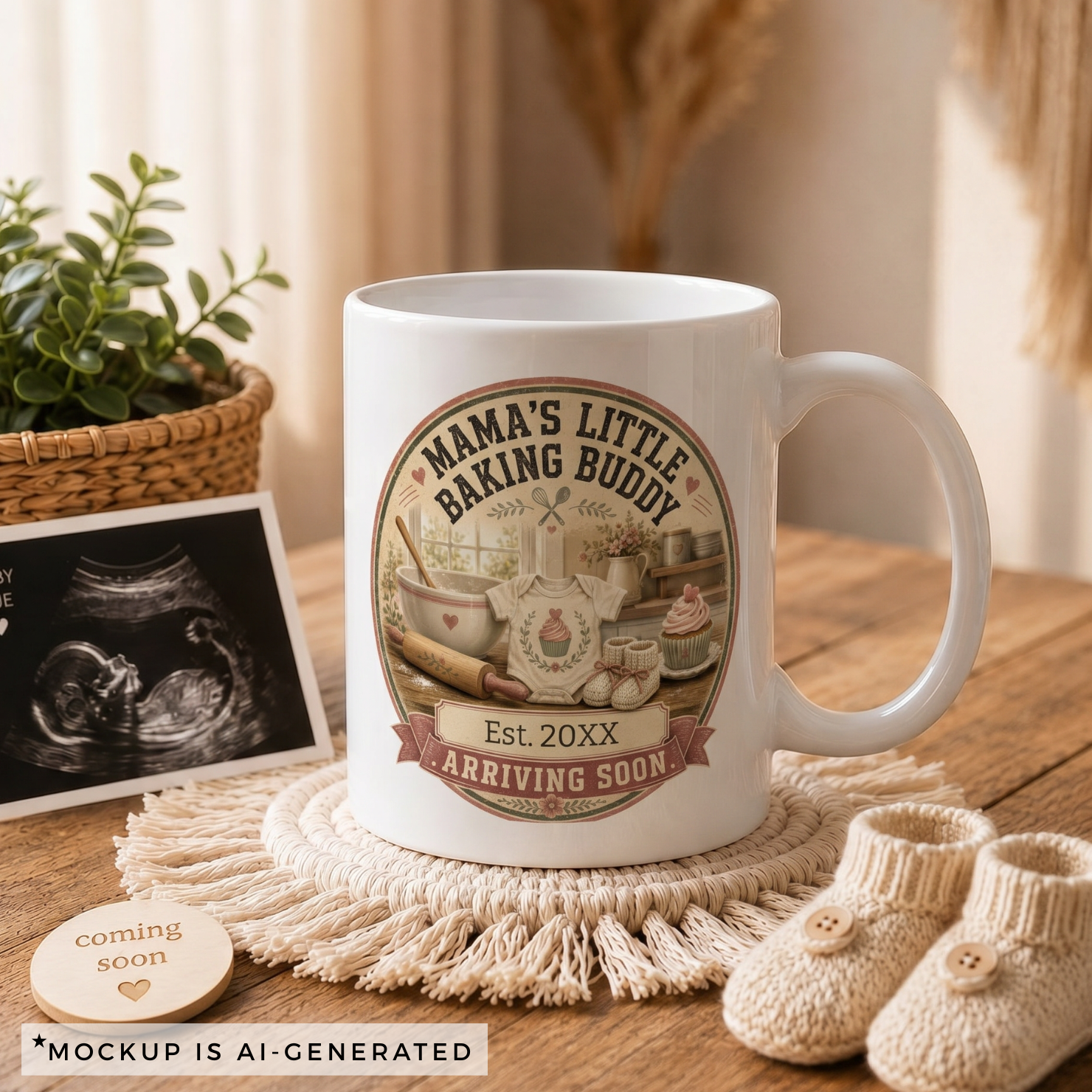 Pregnancy reveal mug for baking mom - Est 20XX Arriving Soon cottage badge design on white ceramic