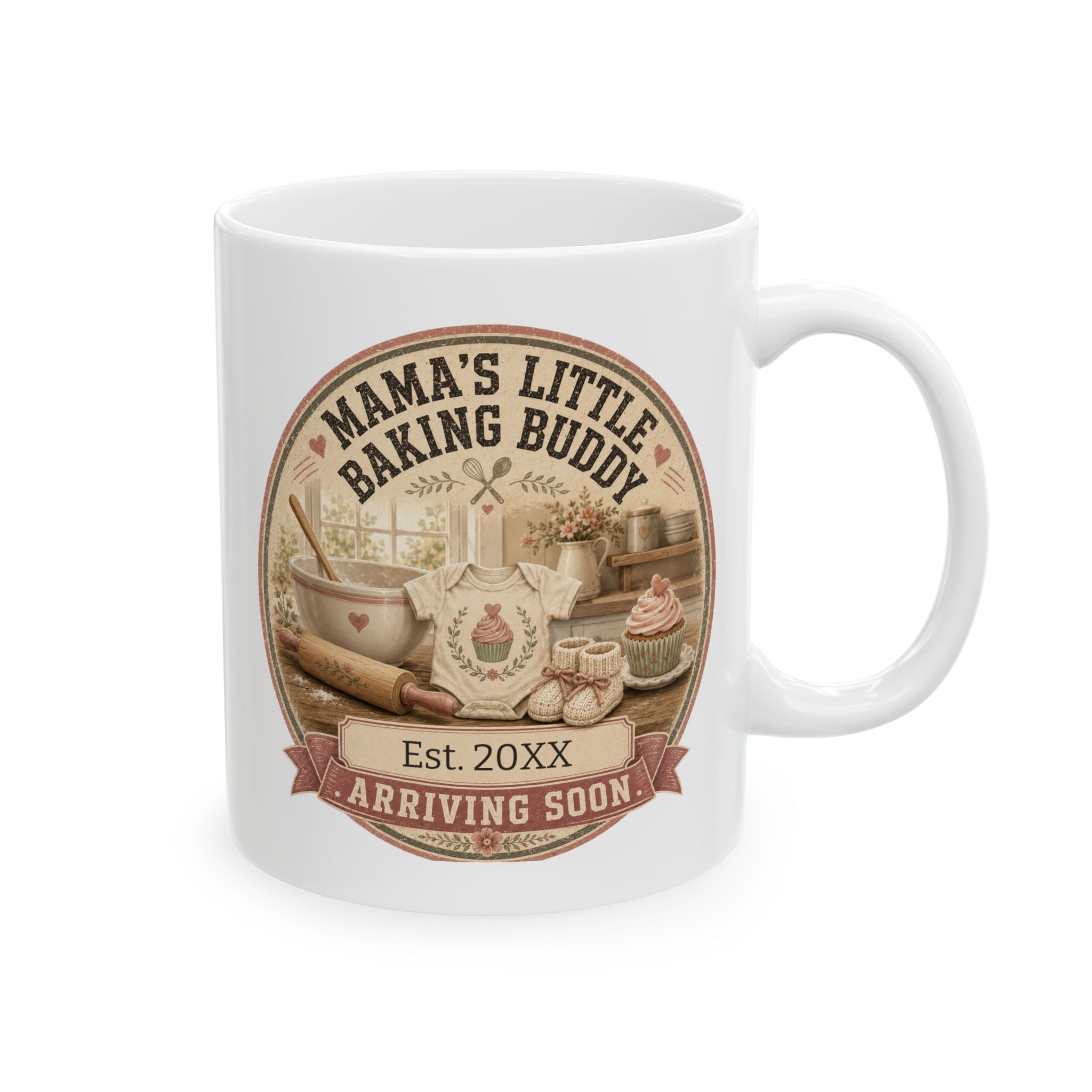 Mamas Little Baking Buddy pregnancy announcement mug - vintage cottage badge design with mixing bowl rolling pin and baby onesie on white 11oz ceramic