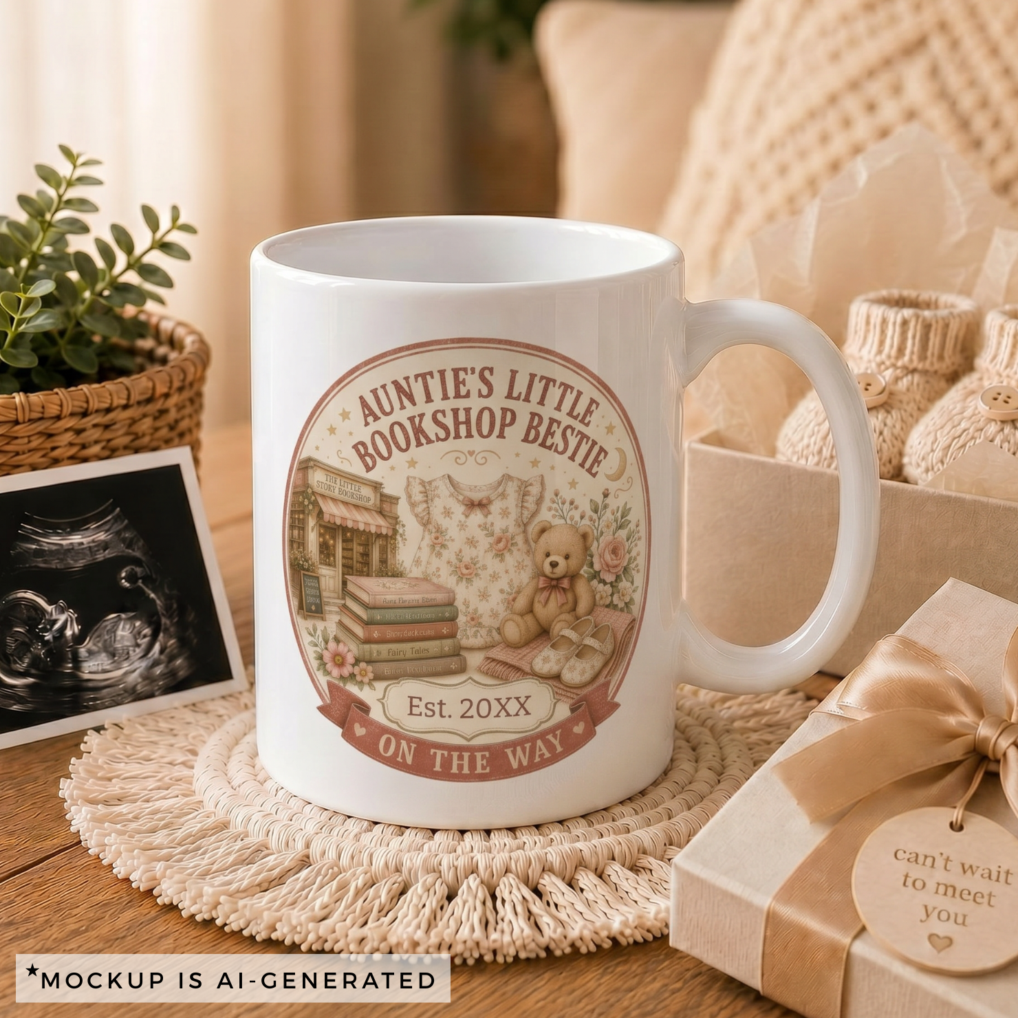 Close-up of Aunties Little Bookshop Bestie mug - vintage scene with floral baby dress teddy bear storybooks and Mary Jane shoes