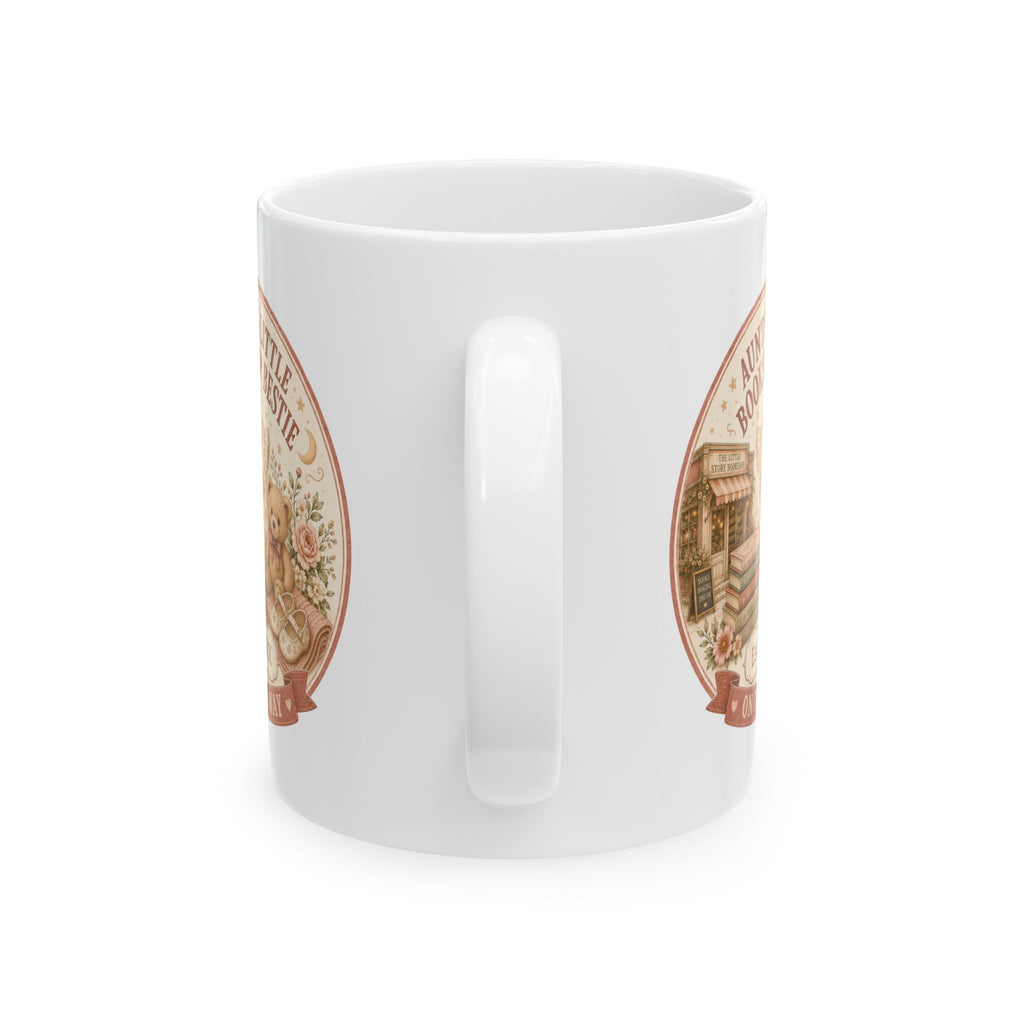 Pregnancy announcement mug for bookworm auntie - personalized with baby arrival year on white vintage bookshop ceramic