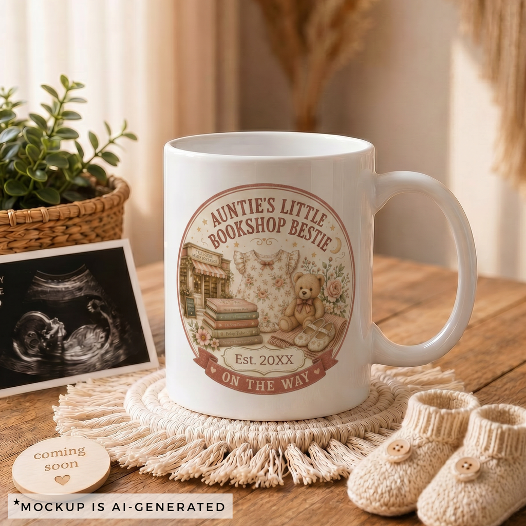 Pregnancy reveal mug for book loving auntie - Est 20XX On The Way vintage bookshop badge with baby dress and fairy tale books on white ceramic