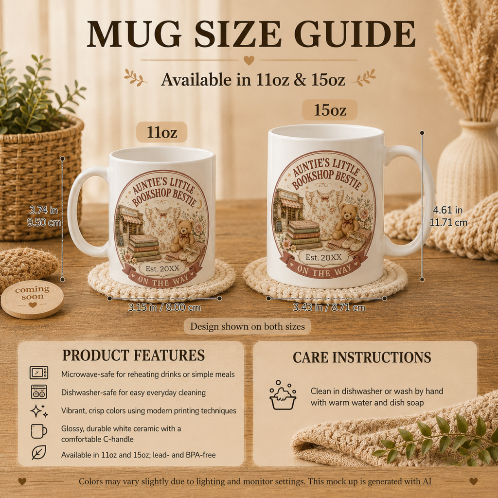 Aunties Little Bookshop Bestie mug lifestyle - charming pregnancy reveal gift for book loving auntie to be