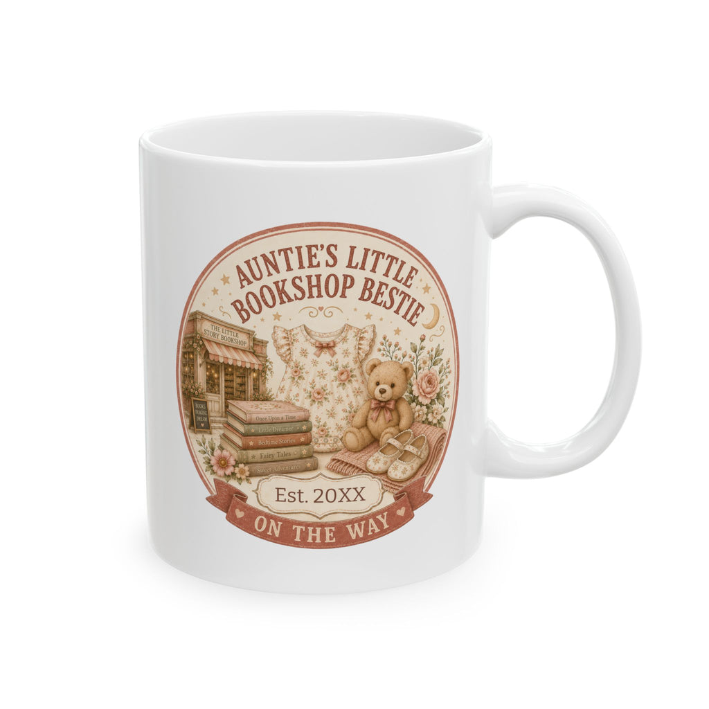 Aunties Little Bookshop Bestie pregnancy announcement mug - vintage bookshop design with floral baby dress teddy bear storybooks and Little Story Bookshop on white 11oz ceramic