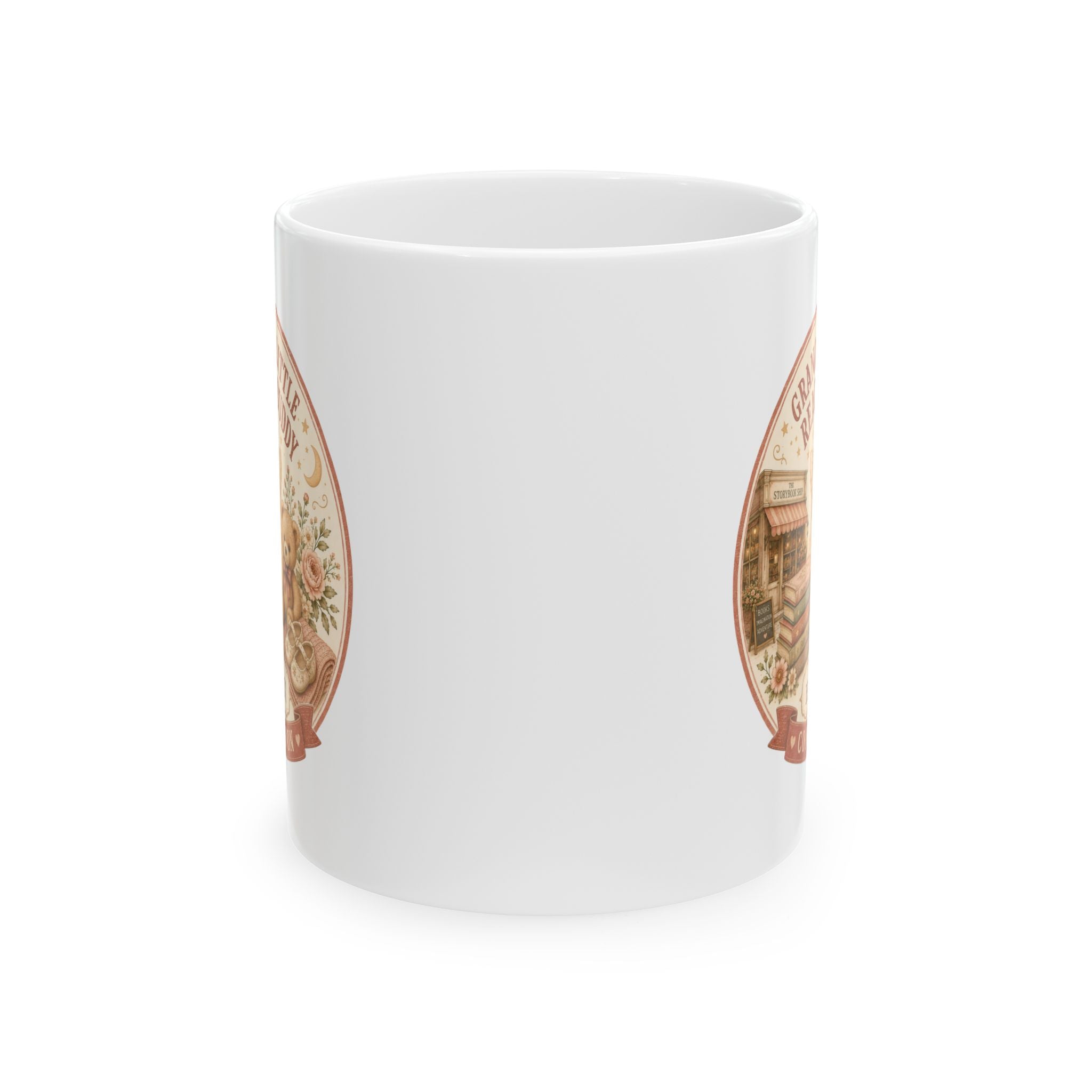 Book loving grandma pregnancy reveal mug 11oz - vintage bookshop design with Est 20XX and Coming Soon banner