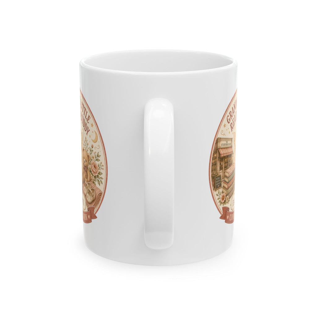 Pregnancy announcement mug for bookworm grandma - personalized with baby arrival year on white vintage bookshop ceramic
