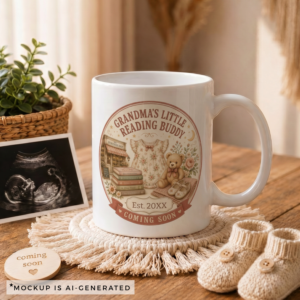 Pregnancy reveal mug for book loving grandma - Est 20XX Coming Soon vintage bookshop badge with baby dress fairy tale books and moon on white ceramic