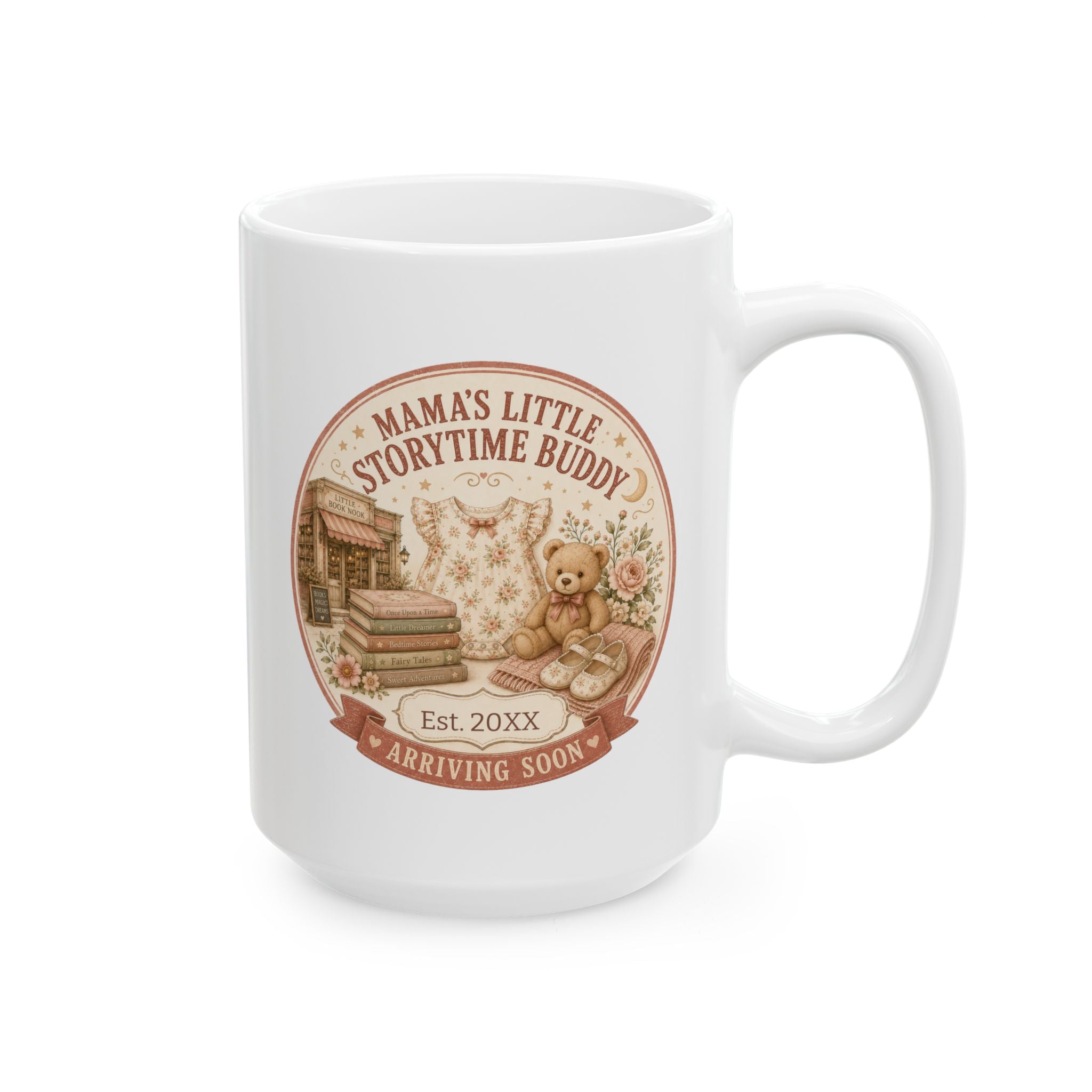 Pregnancy announcement mug for book loving mom 15oz - white ceramic with storytime buddy vintage bookshop design