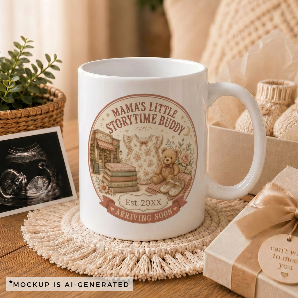 Close-up of Mamas Little Storytime Buddy mug - vintage bookshop scene with floral baby dress teddy bear and stack of storybooks