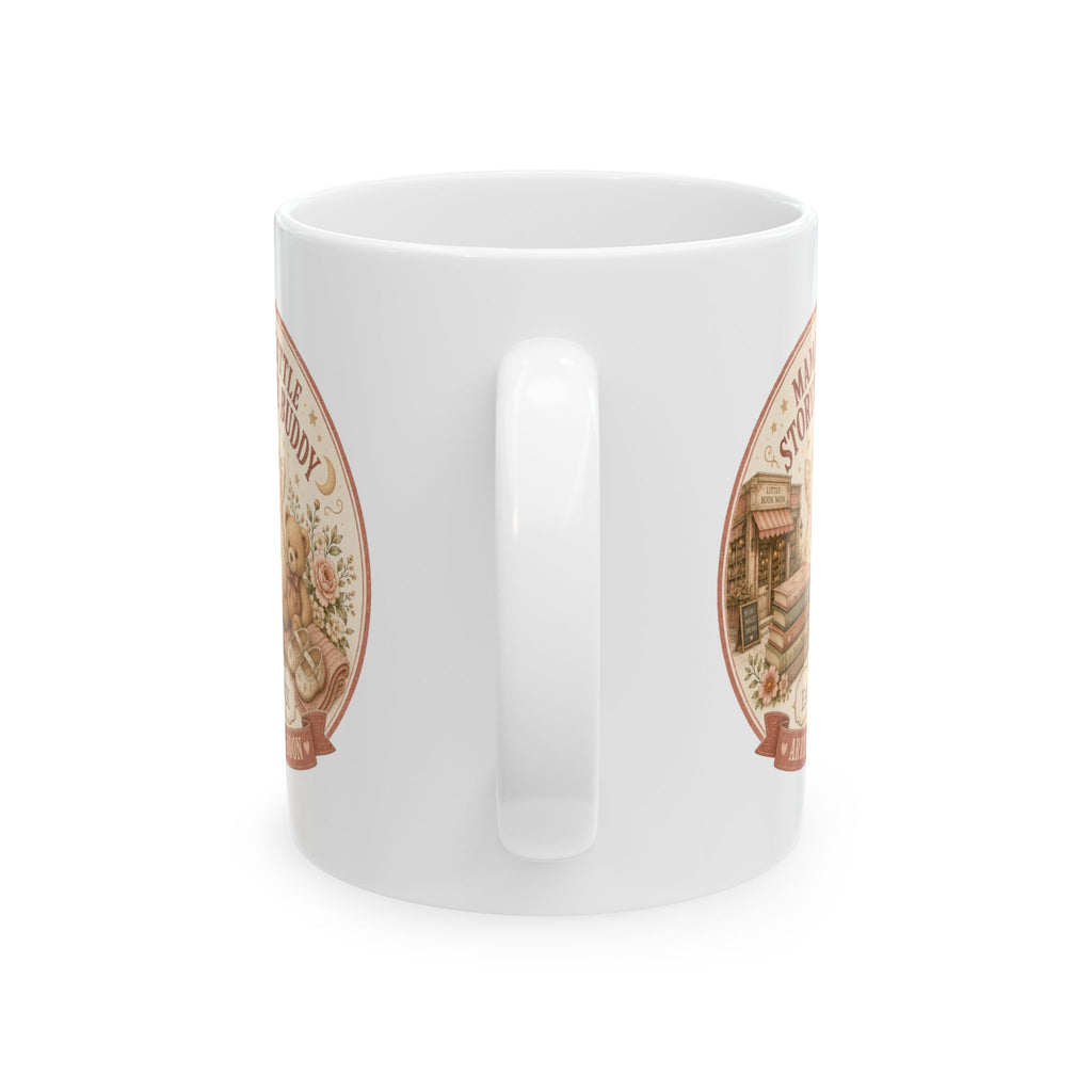 Pregnancy announcement mug for bookworm mom - personalized with baby arrival year on white vintage bookshop ceramic
