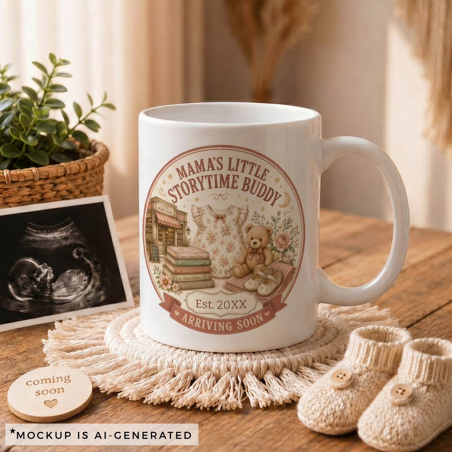Pregnancy reveal mug for book loving mom - Est 20XX Arriving Soon vintage bookshop badge with baby dress and fairy tale books on white ceramic