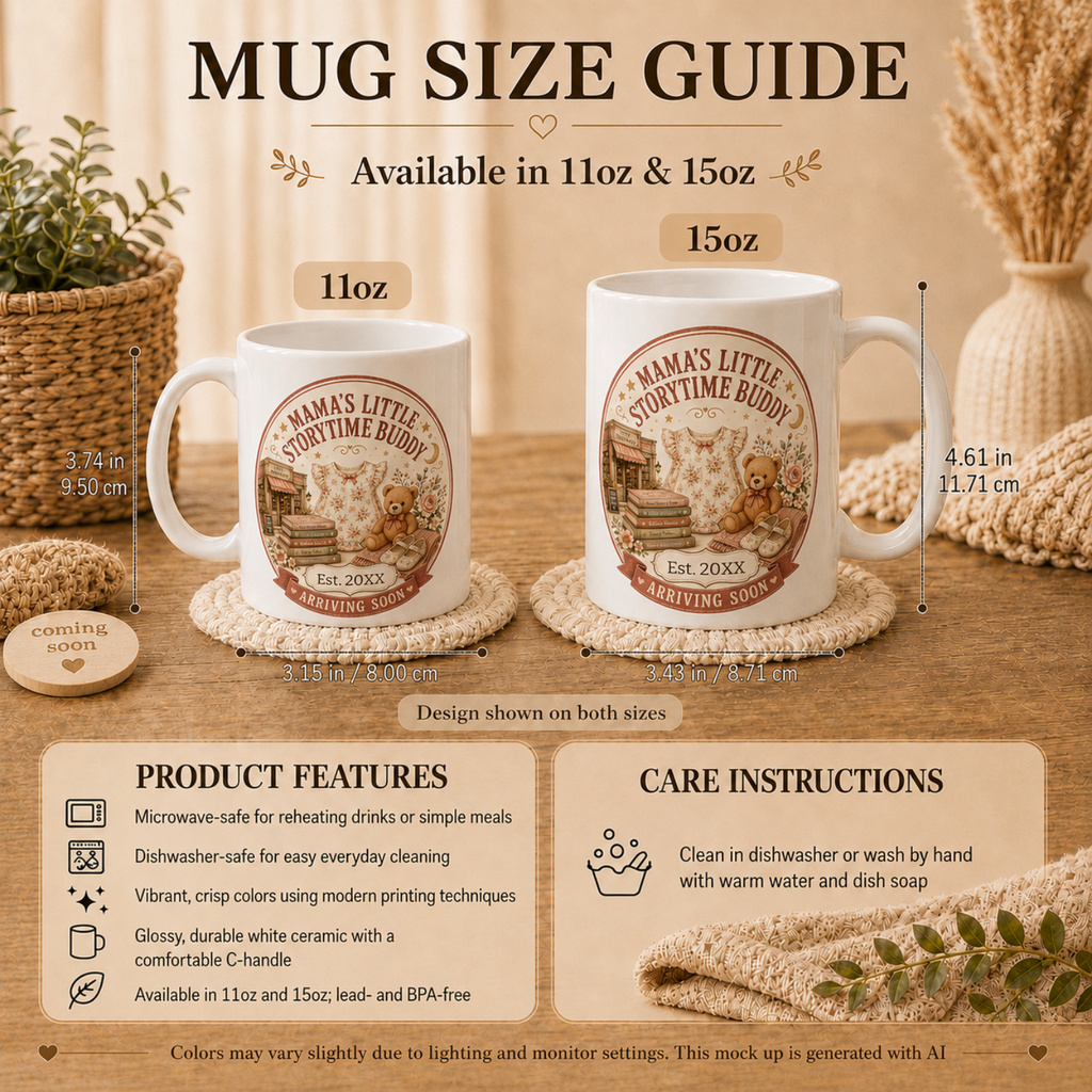 Mamas Little Storytime Buddy mug lifestyle - charming pregnancy reveal gift for book reading mom to be