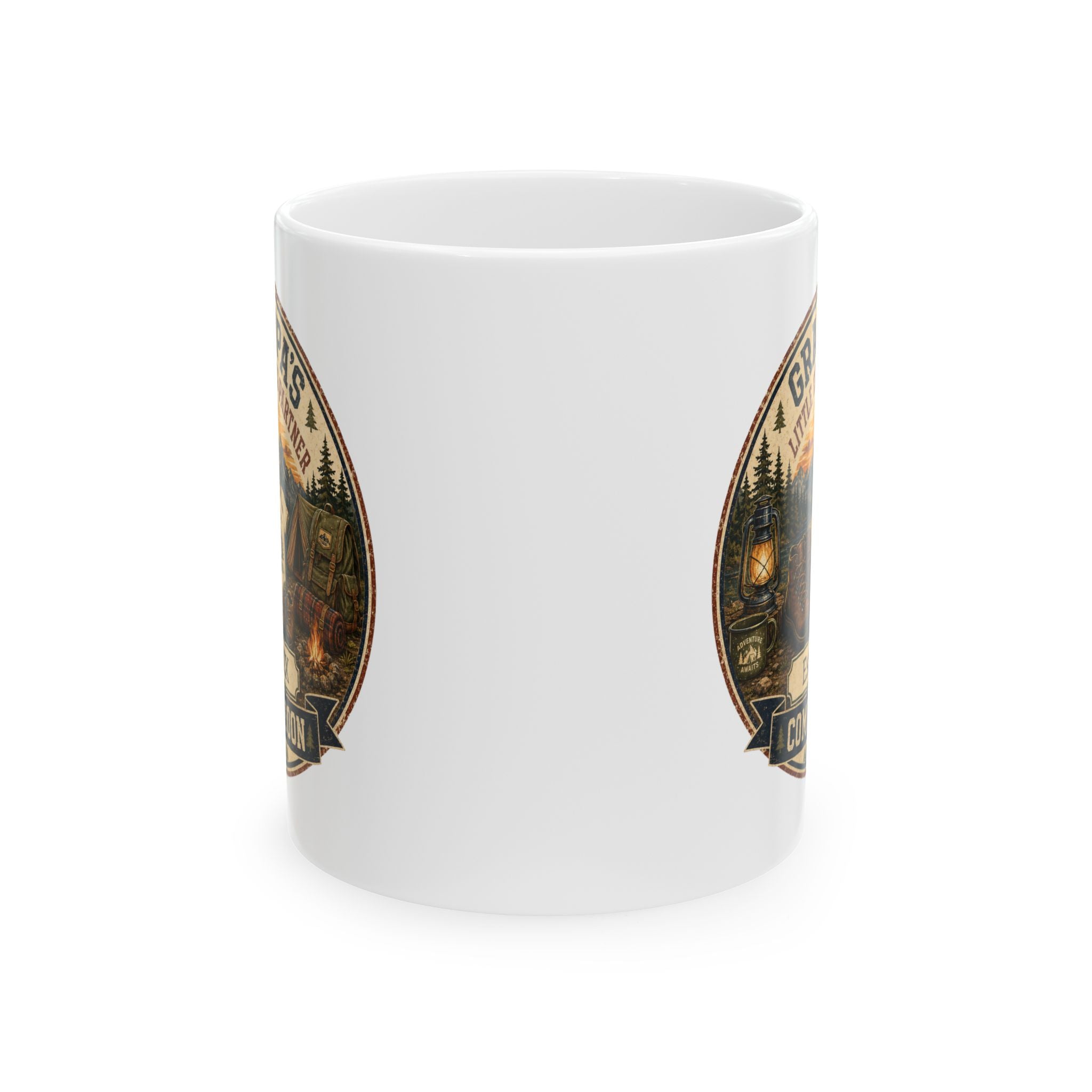 Camping grandpa gift mug 11oz - vintage badge pregnancy reveal with Est 20XX and Coming Soon banner