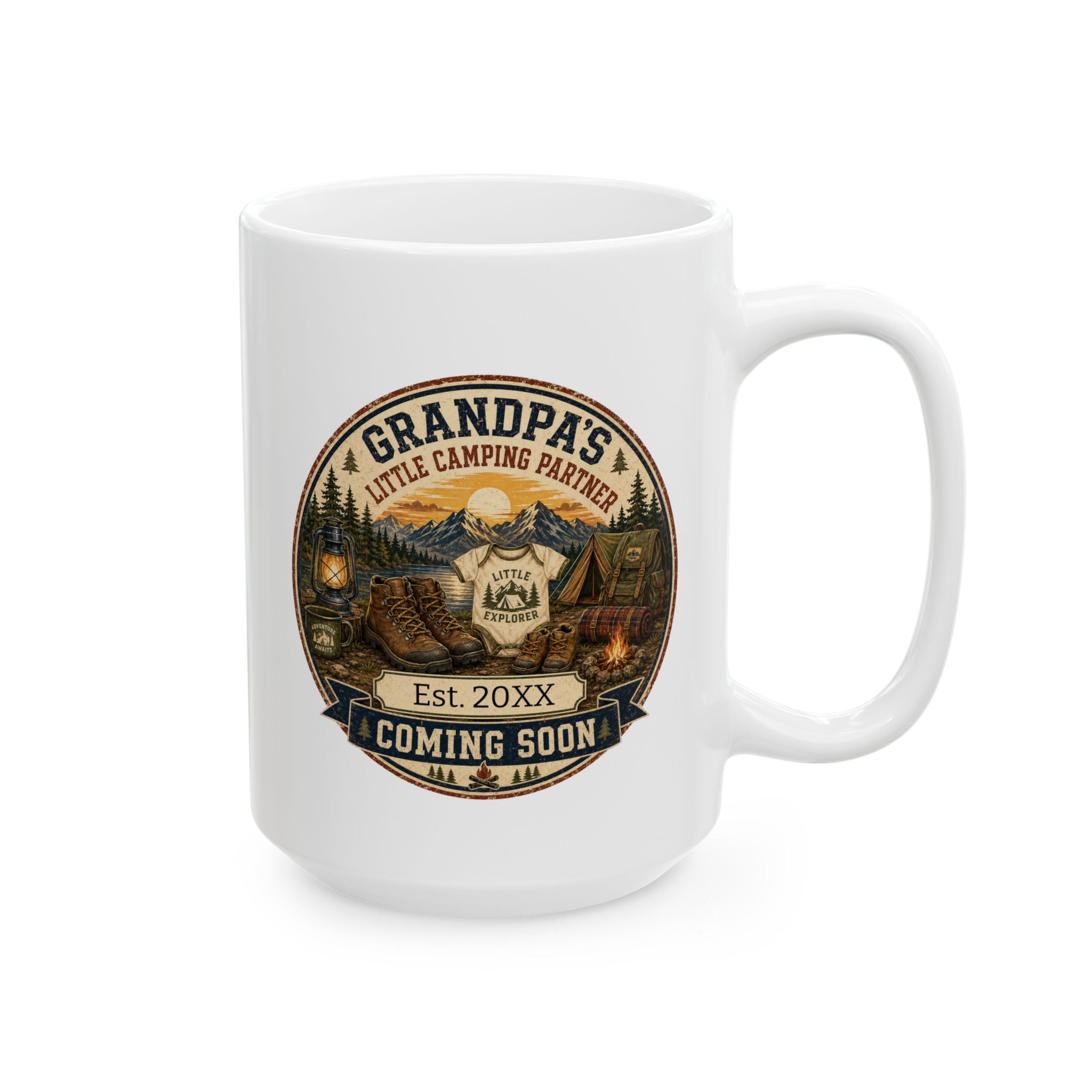 Pregnancy announcement mug for grandpa who loves camping - 15oz white ceramic with mountain scene and baby announcement design