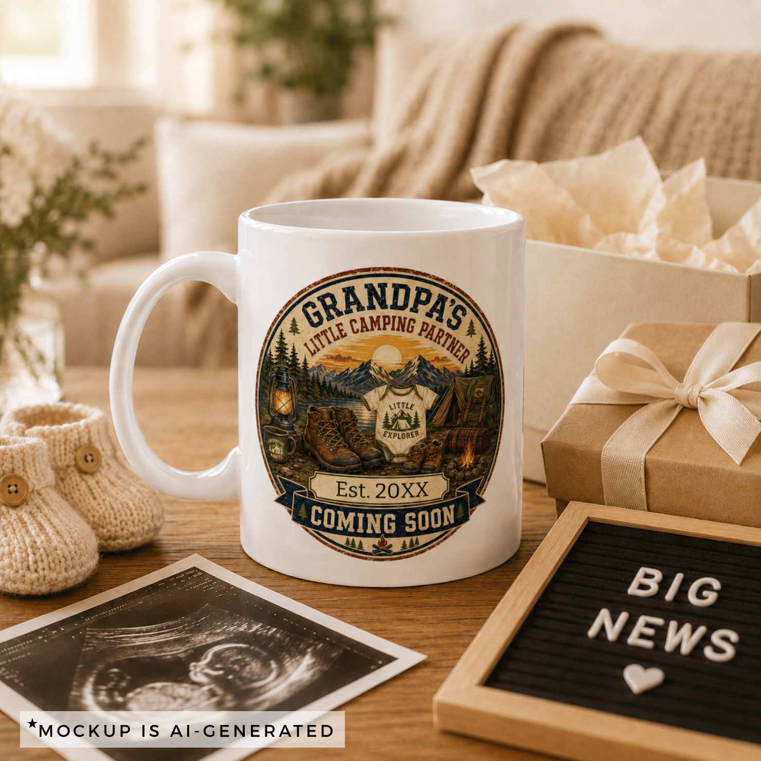 Close-up of Grandpas Little Camping Partner mug badge - vintage mountain camping scene with tent campfire and Little Explorer onesie