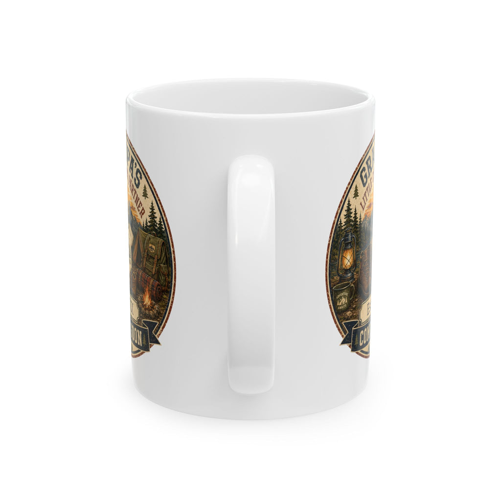Pregnancy announcement mug for outdoor loving grandpa - personalized with baby arrival year on white ceramic