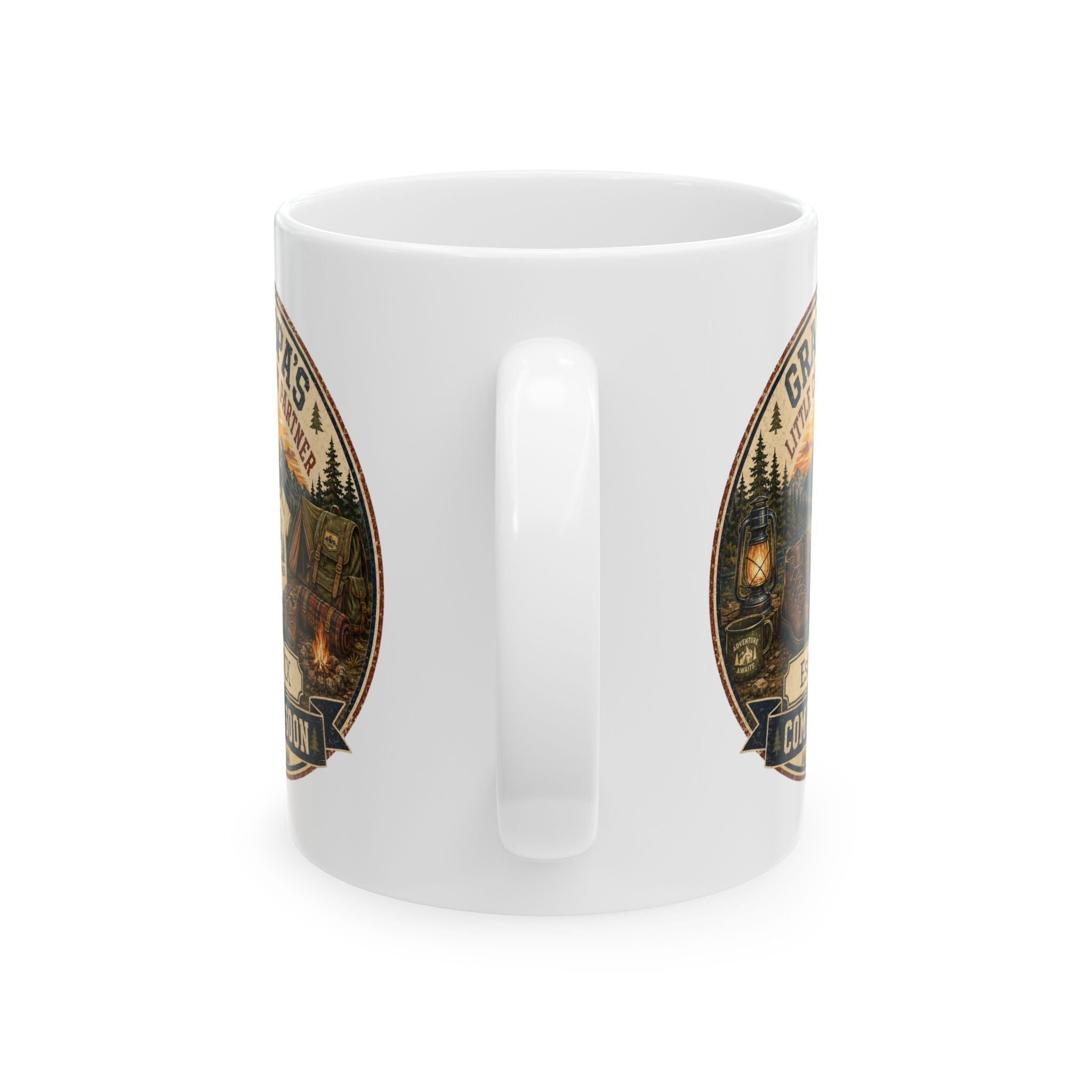 Pregnancy announcement mug for outdoor loving grandpa - personalized with baby arrival year on white ceramic