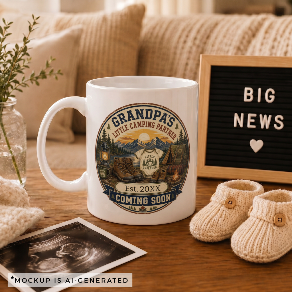 Pregnancy reveal mug for camping grandpa - Est 20XX Coming Soon circular badge design on white ceramic