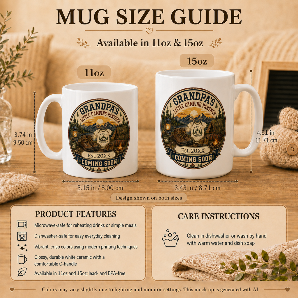 Grandpas Little Camping Partner mug in home setting - unique pregnancy reveal keepsake gift for outdoor loving grandfather