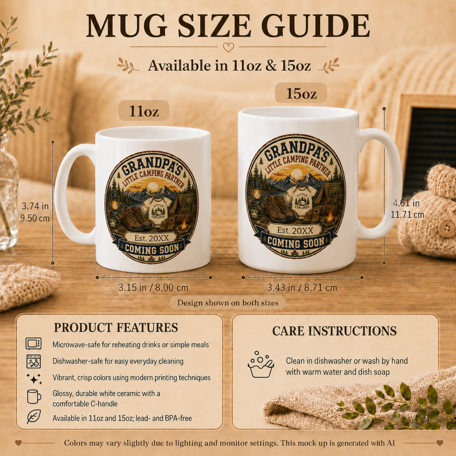 Grandpas Little Camping Partner mug in home setting - unique pregnancy reveal keepsake gift for outdoor loving grandfather