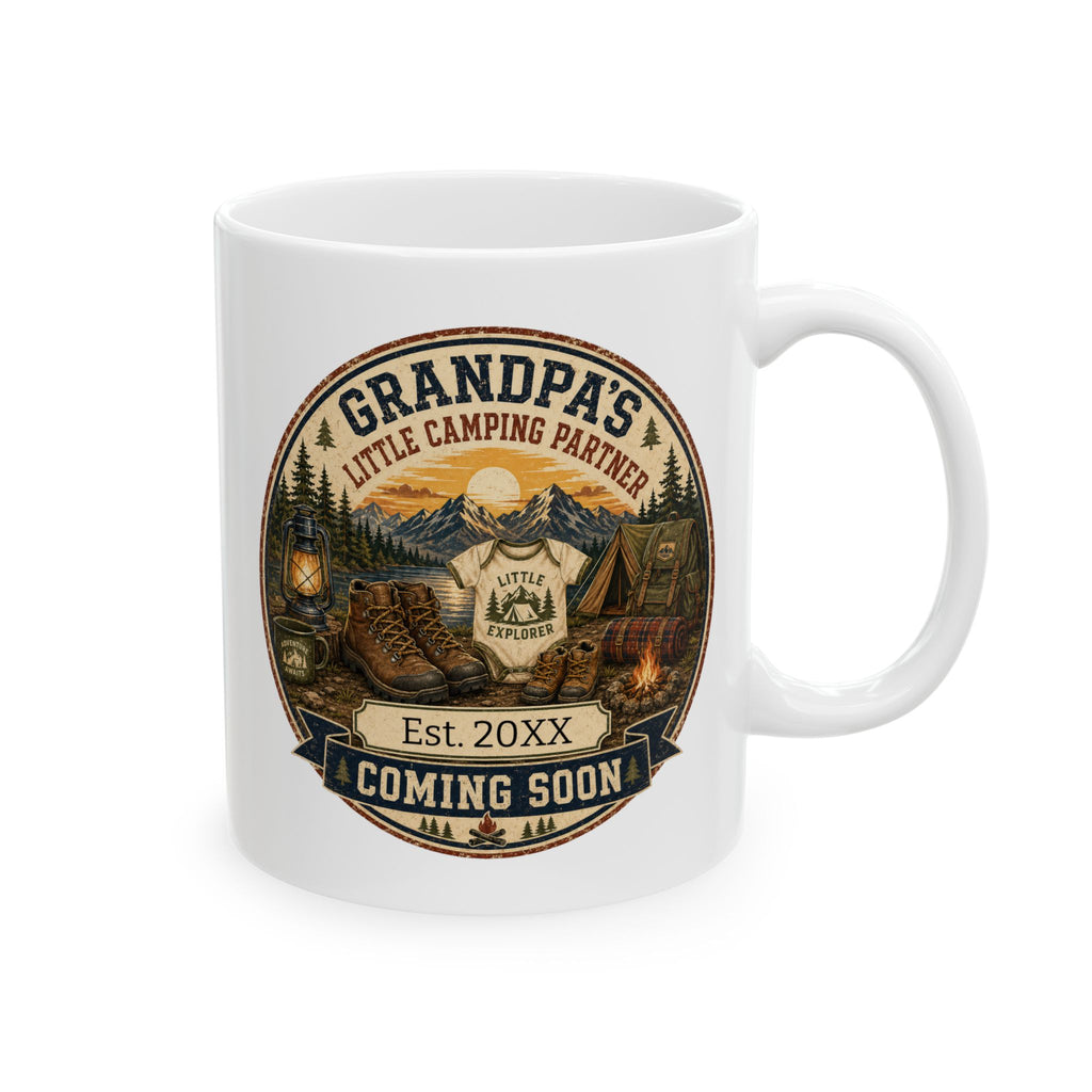 Grandpas Little Camping Partner pregnancy announcement mug - vintage badge design with mountain lake scene and Little Explorer onesie on white 11oz ceramic