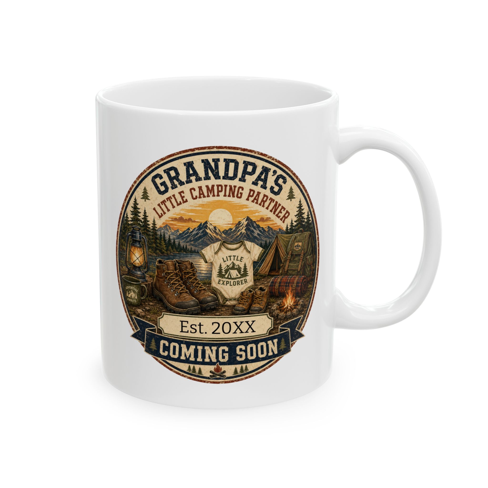 Grandpas Little Camping Partner pregnancy announcement mug - vintage badge design with mountain lake scene and Little Explorer onesie on white 11oz ceramic
