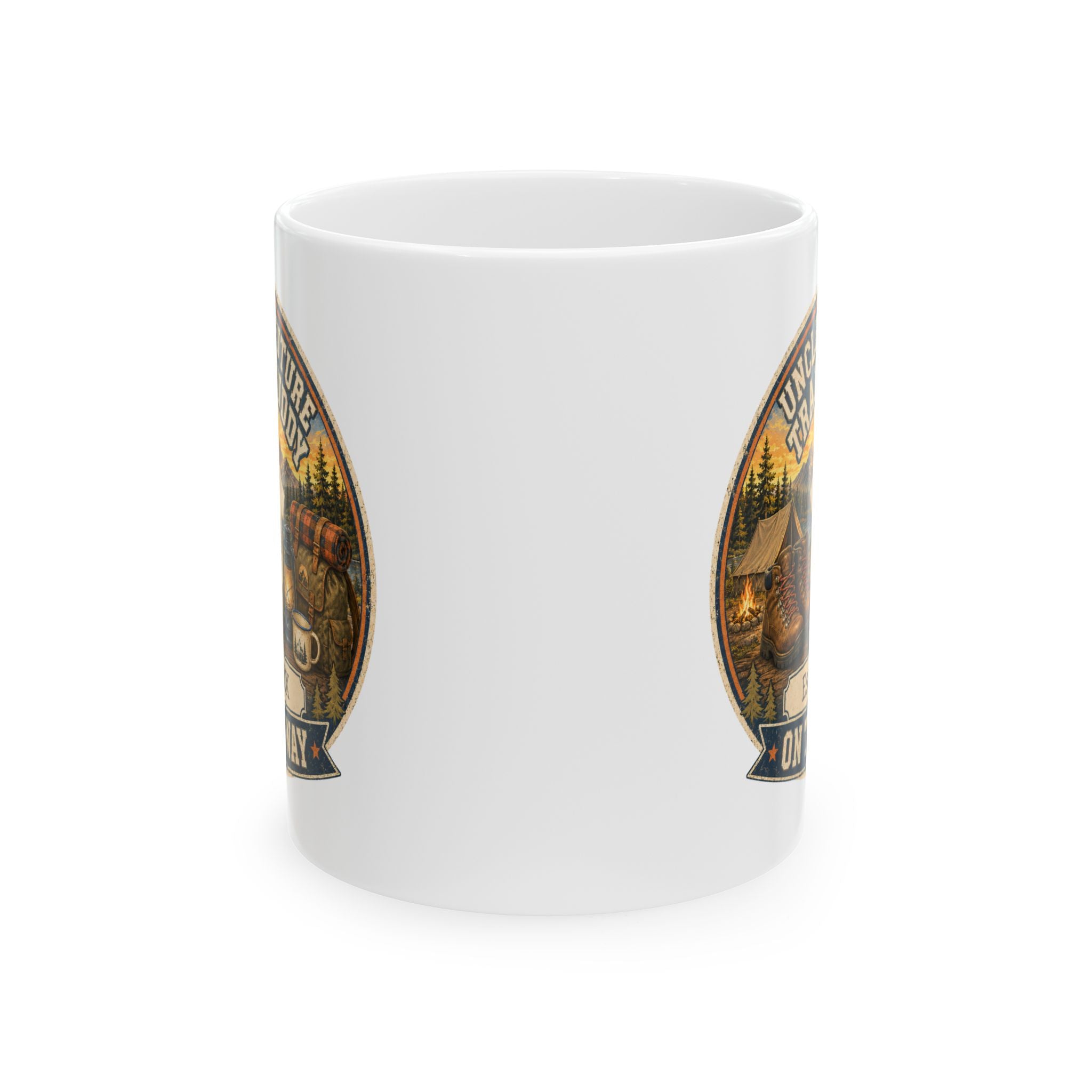 Camping uncle gift mug 11oz - vintage badge pregnancy reveal with Est 20XX and On The Way banner