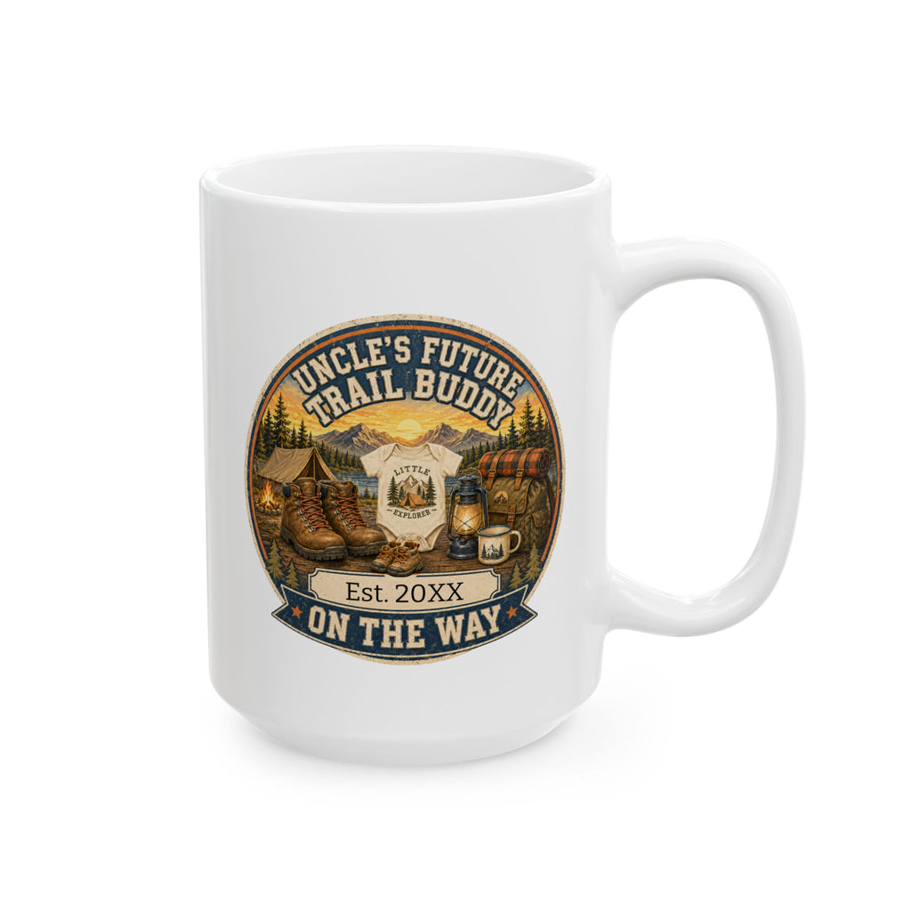 Pregnancy announcement mug for uncle who loves camping - 15oz white ceramic with mountain hiking scene and baby announcement design