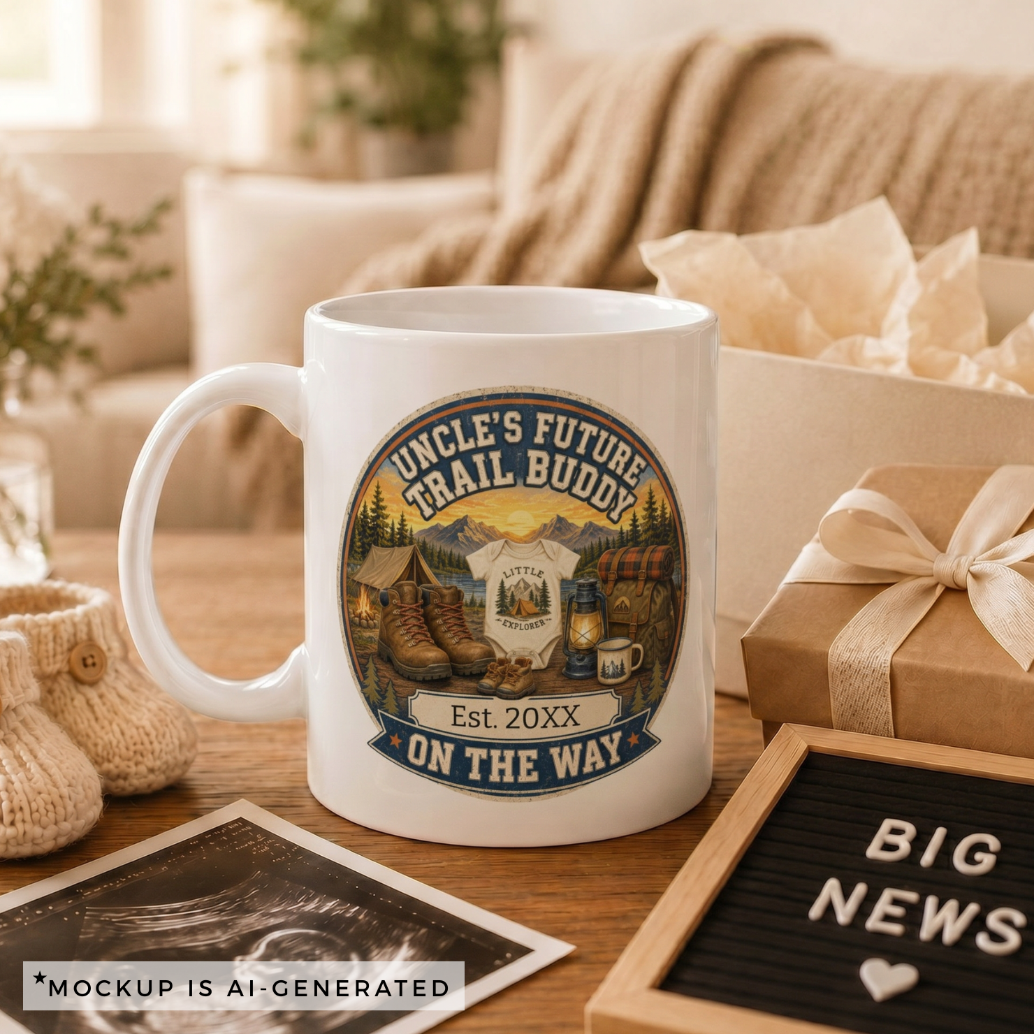 Close-up of Uncles Future Trail Buddy mug badge - vintage camping scene with hiking boots tent lantern and Little Explorer onesie