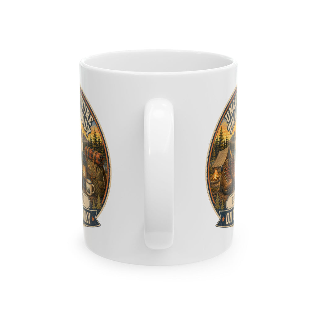 Pregnancy announcement mug for outdoor loving uncle - personalized with baby arrival year on white ceramic