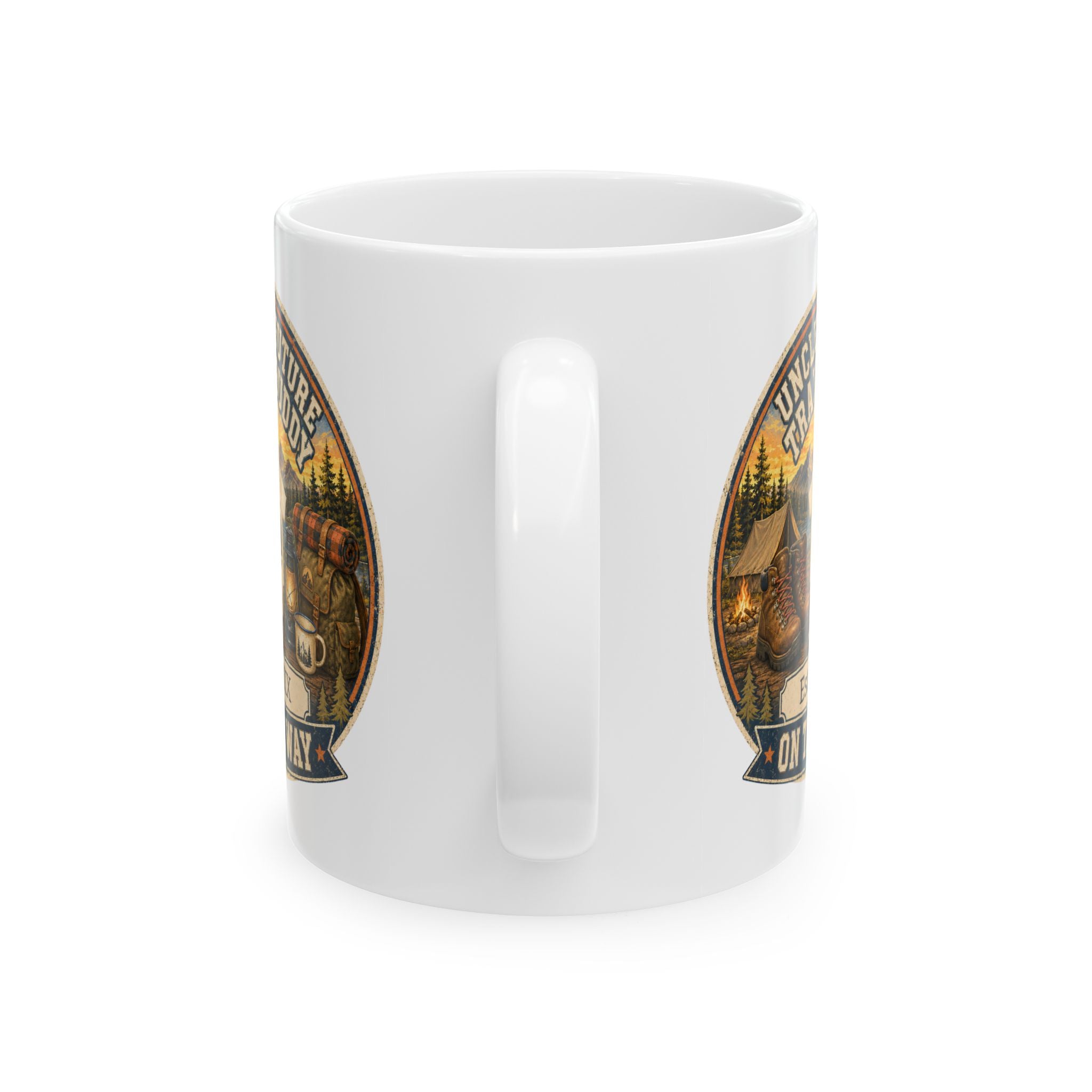Pregnancy announcement mug for outdoor loving uncle - personalized with baby arrival year on white ceramic