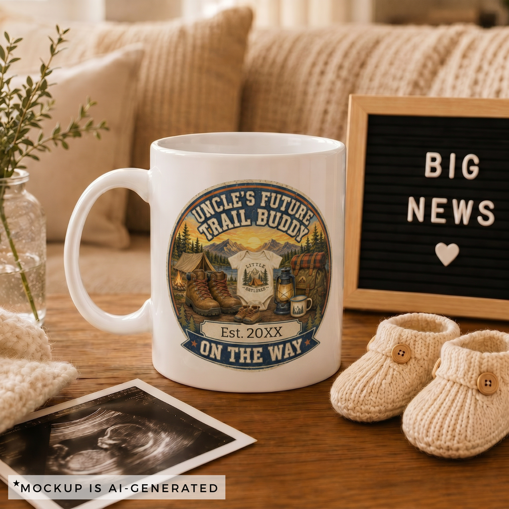 Pregnancy reveal mug for camping uncle - Est 20XX On The Way circular badge design on white ceramic