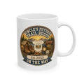 Uncles Future Trail Buddy pregnancy announcement mug - vintage badge design with mountain sunset and Little Explorer onesie on white 11oz ceramic
