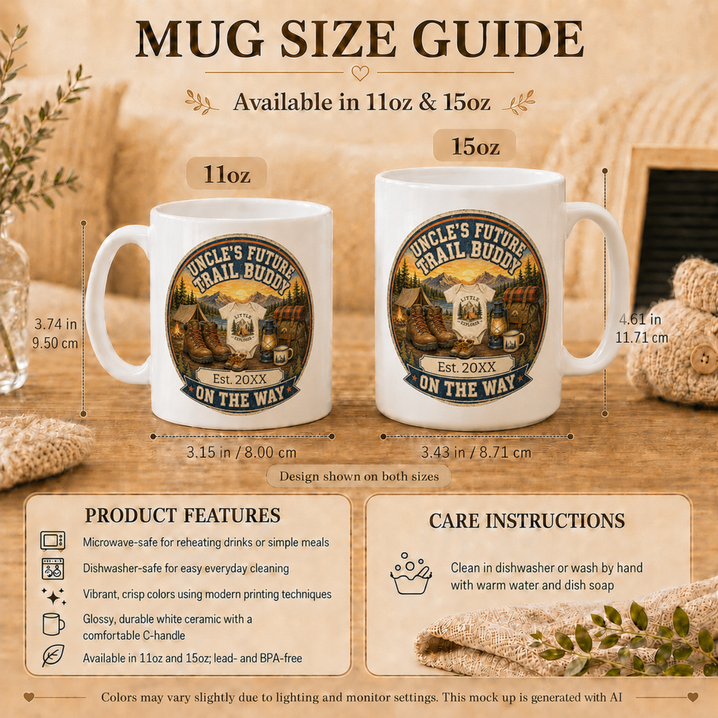 Uncles Future Trail Buddy mug in home setting - unique pregnancy reveal keepsake gift for outdoor and camping loving uncle