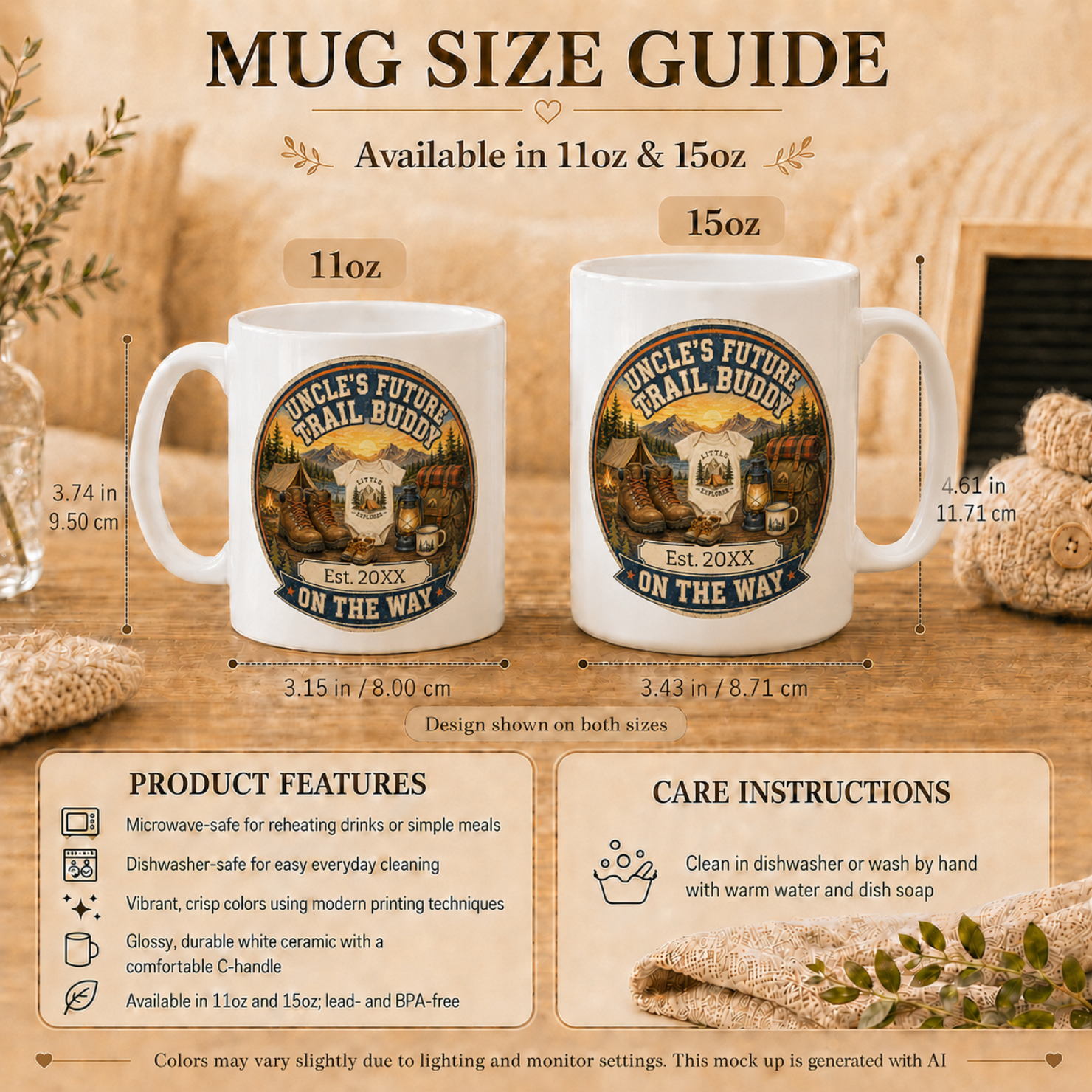 Uncles Future Trail Buddy mug in home setting - unique pregnancy reveal keepsake gift for outdoor and camping loving uncle