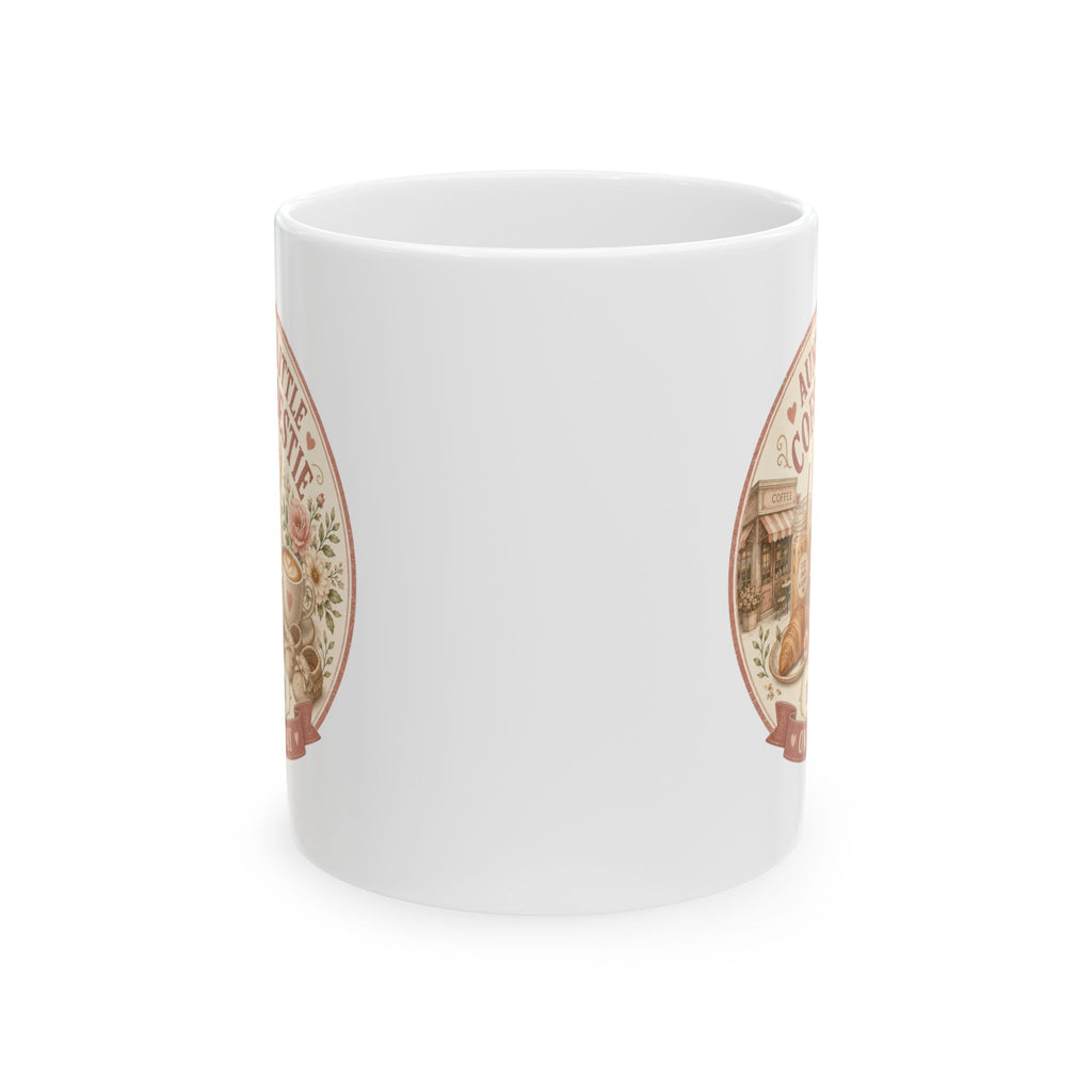 Coffee auntie pregnancy reveal mug 11oz - vintage cafe design with Est 20XX and On The Way banner