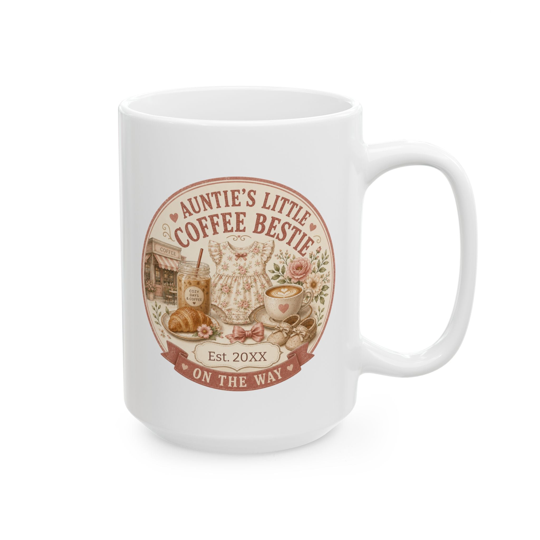 Pregnancy announcement mug for auntie 15oz - white ceramic with coffee bestie vintage cafe design