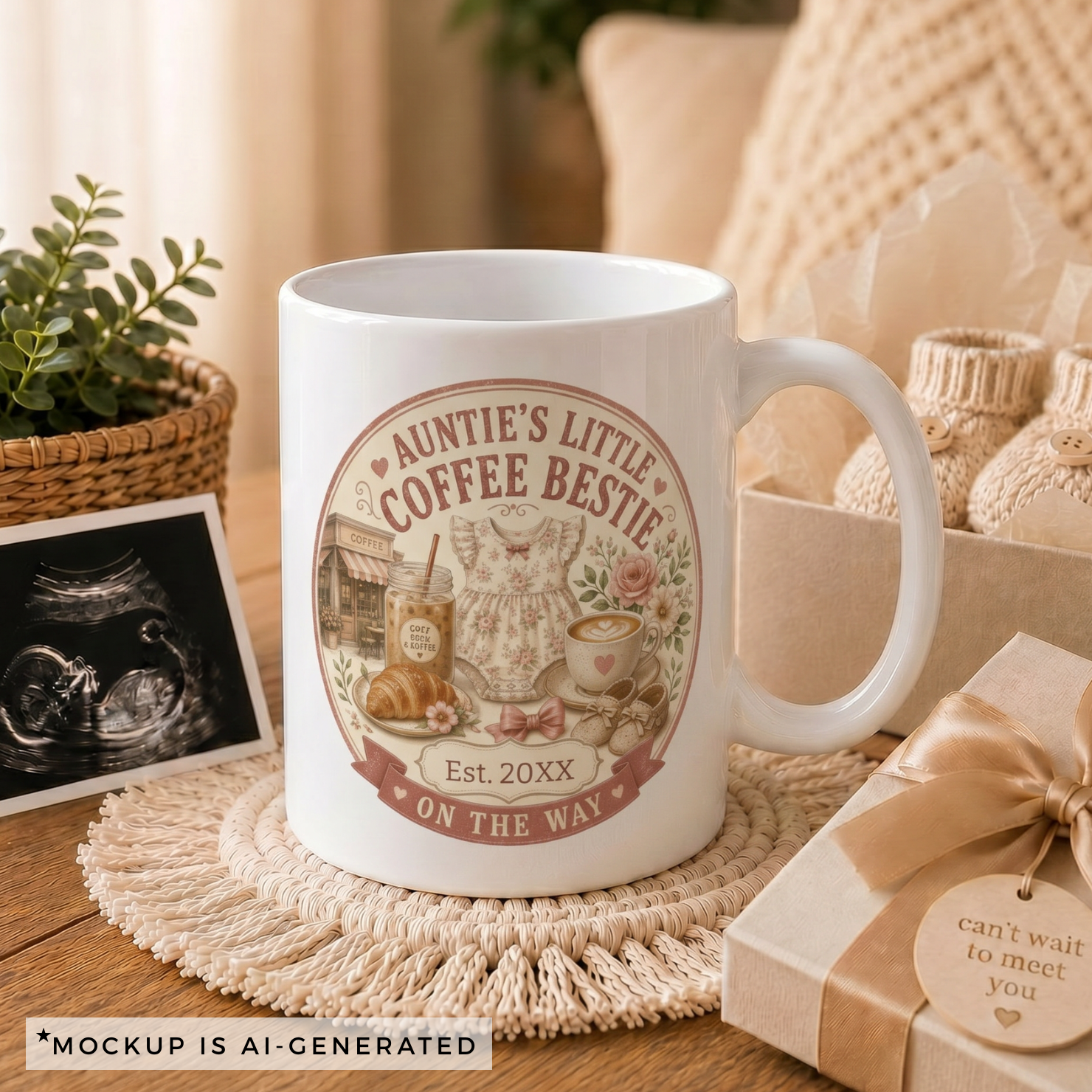 Close-up of Aunties Little Coffee Bestie mug - vintage cafe scene with floral romper Cozy Days and Coffee jar latte art and baby moccasins