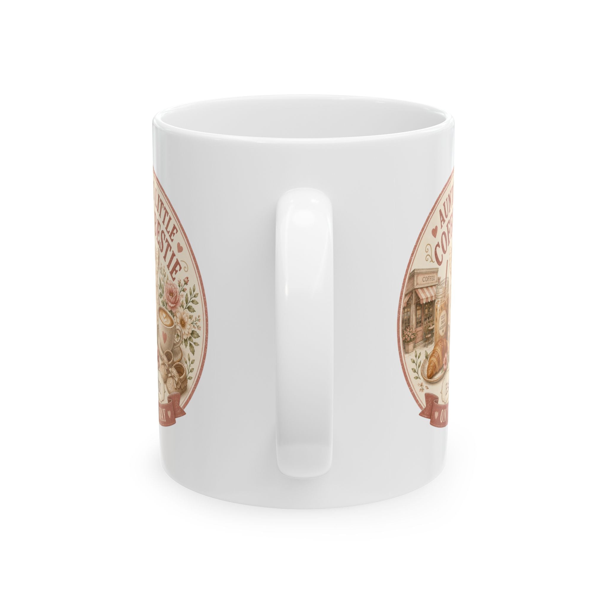 Pregnancy announcement mug for coffee loving auntie - personalized with baby arrival year on white vintage cafe ceramic