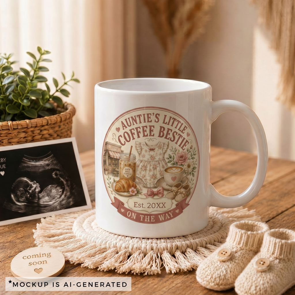 Pregnancy reveal mug for coffee loving auntie - Est 20XX On The Way vintage cafe badge with baby romper and coffee shop on white ceramic