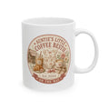 Aunties Little Coffee Bestie pregnancy announcement mug - vintage cafe design with floral baby romper iced coffee latte art and croissant on white 11oz ceramic
