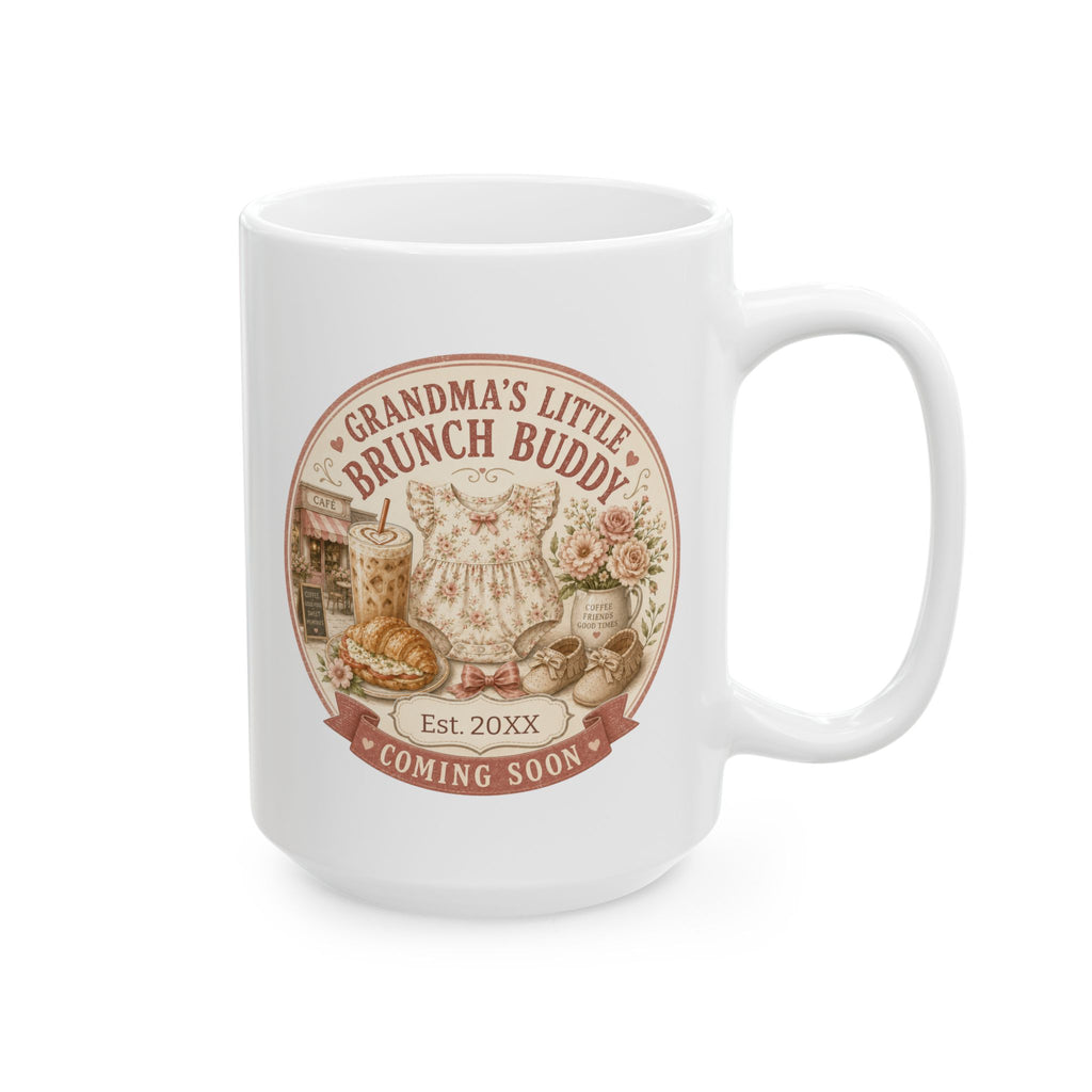 Pregnancy announcement mug for coffee loving grandma 15oz - white ceramic with brunch buddy cafe design