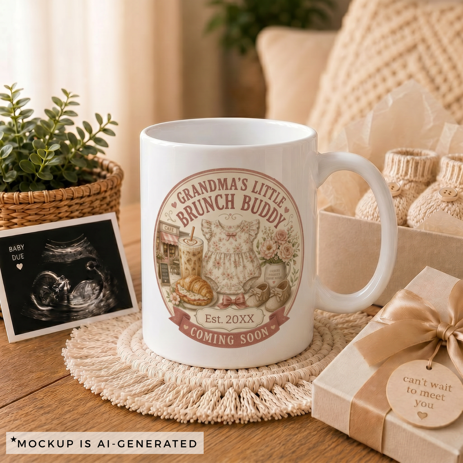 Close-up of Grandmas Little Brunch Buddy mug - vintage cafe scene with floral romper iced latte croissant and baby moccasins