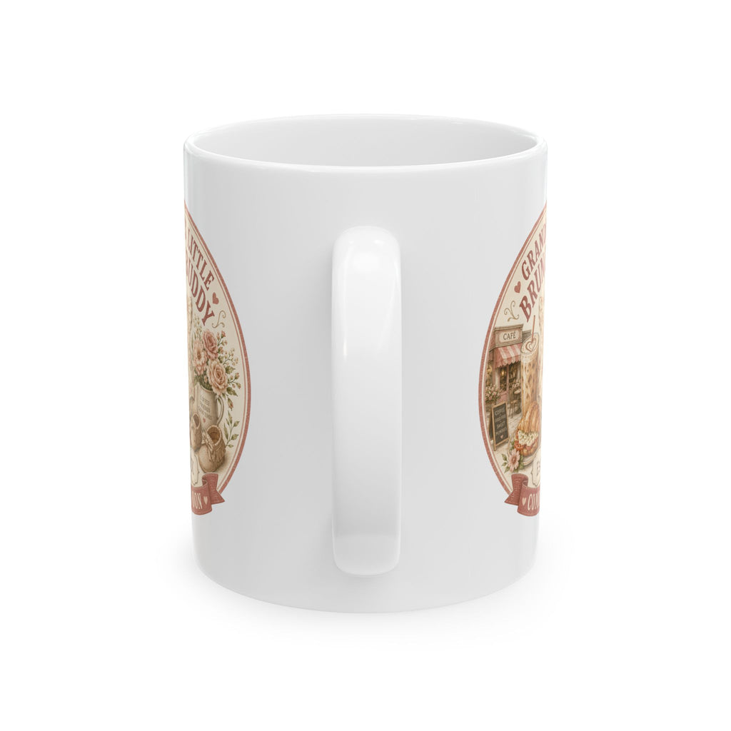Pregnancy announcement mug for brunch loving grandma - personalized with baby arrival year on white vintage cafe ceramic