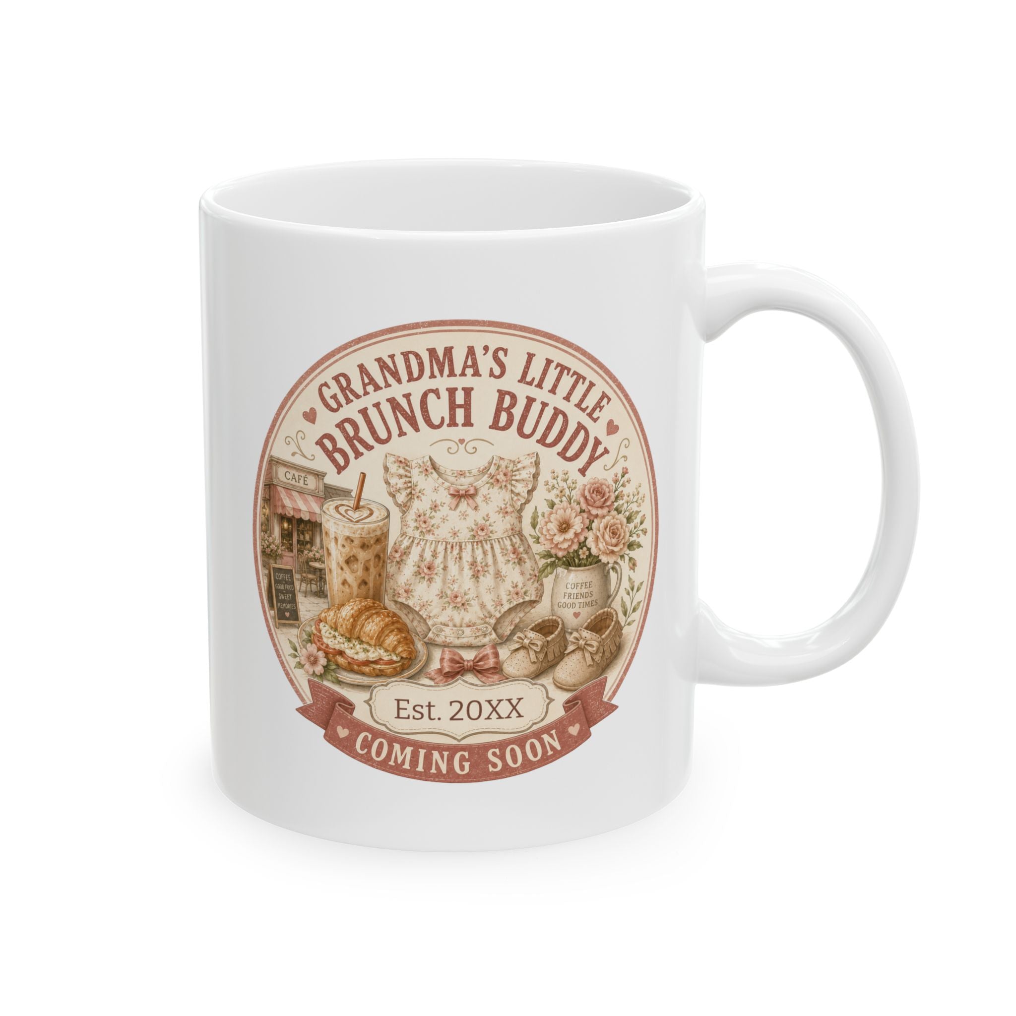 Grandmas Little Brunch Buddy pregnancy announcement mug - vintage cafe design with floral baby romper iced latte croissant and roses on white 11oz ceramic