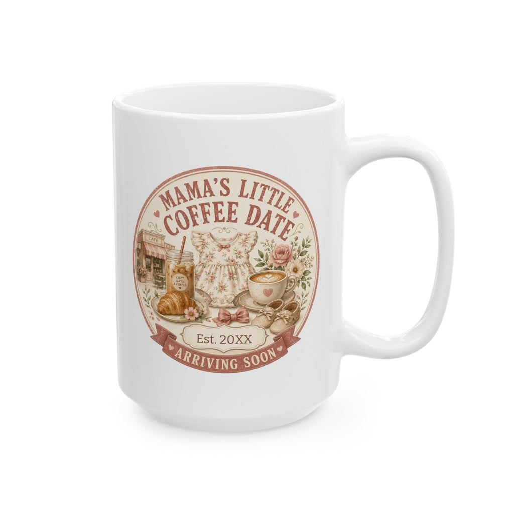 Pregnancy announcement mug for coffee loving mom 15oz - white ceramic with cafe date baby romper and latte art design
