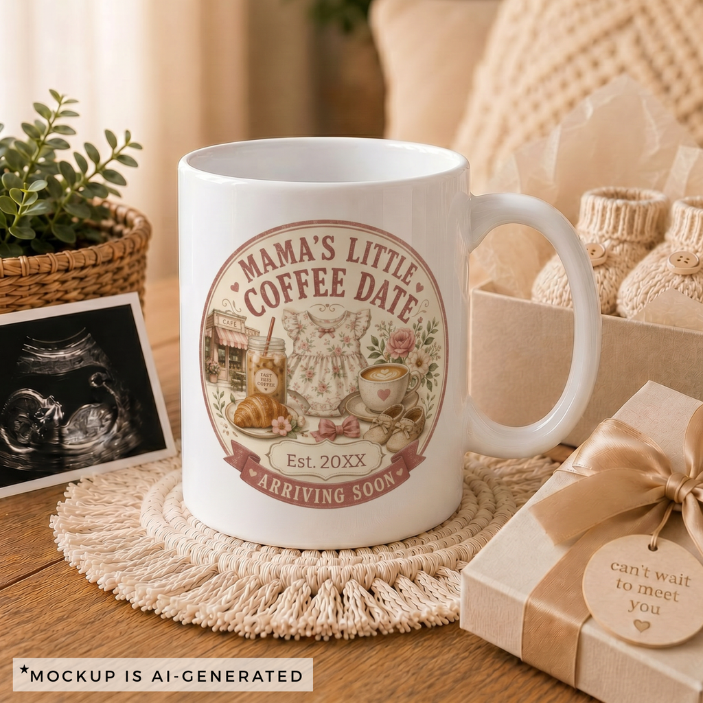 Close-up of Mamas Little Coffee Date mug - vintage cafe scene with floral romper iced coffee heart latte and baby shoes