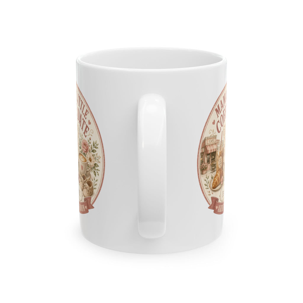 Pregnancy announcement mug for coffee loving mom - personalized with baby arrival year on white vintage cafe ceramic