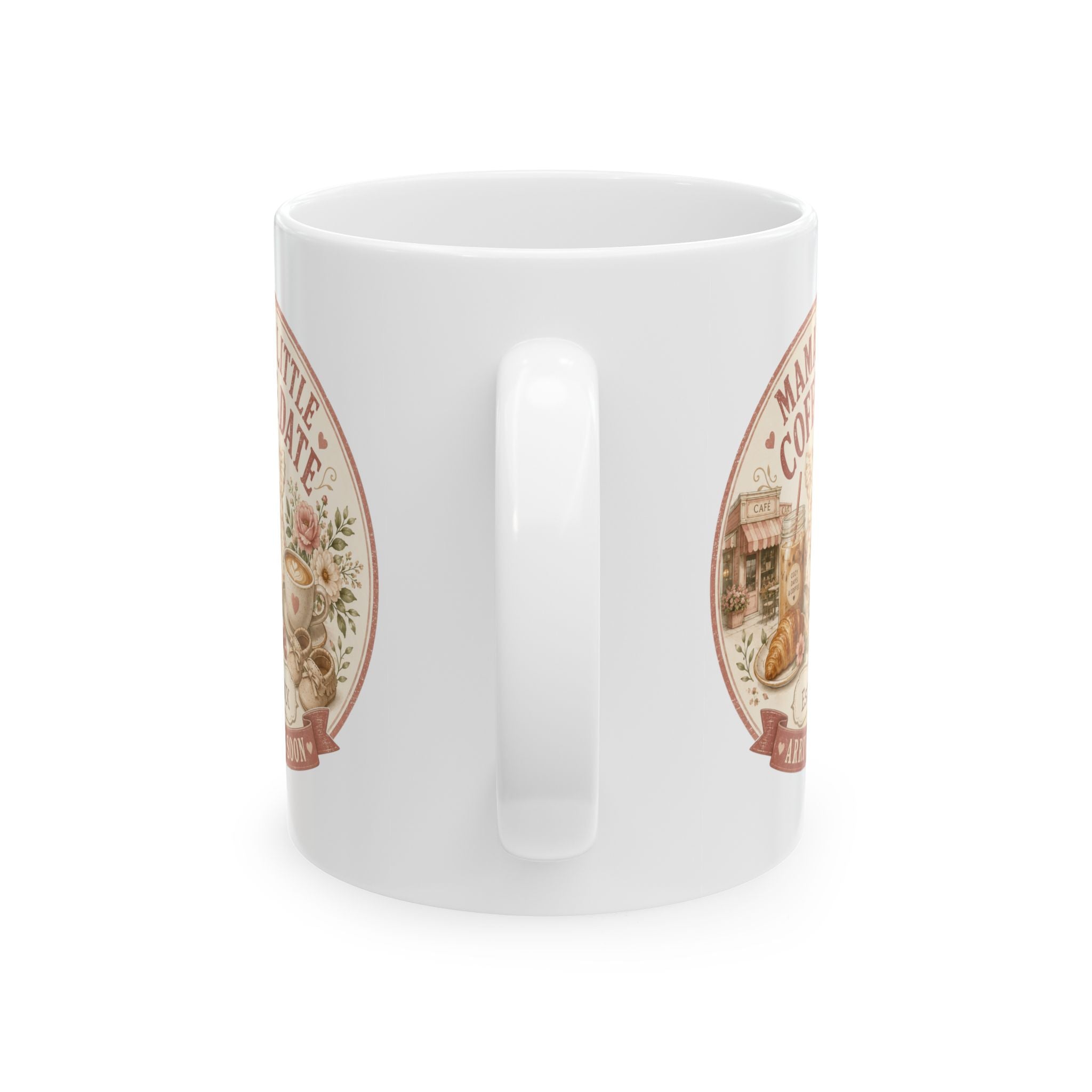 Pregnancy announcement mug for coffee loving mom - personalized with baby arrival year on white vintage cafe ceramic