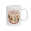 Mamas Little Coffee Date pregnancy announcement mug - vintage cafe design with floral baby romper iced coffee latte and croissant on white 11oz ceramic