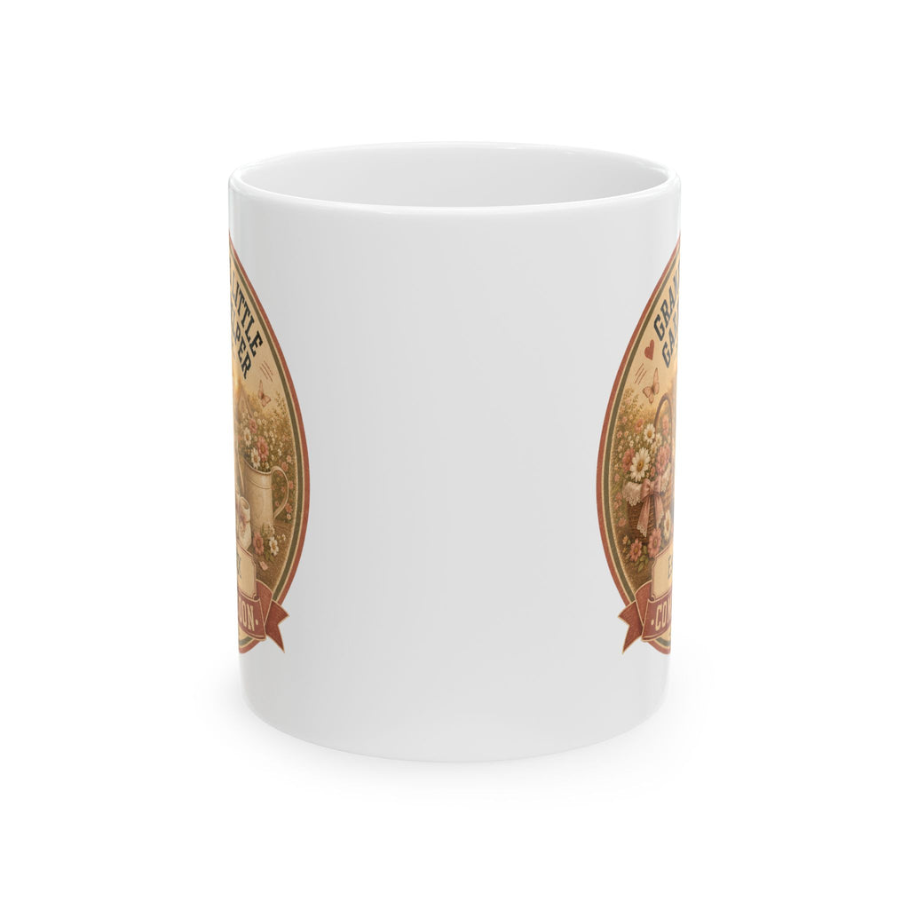 Gardening grandma gift mug 11oz - vintage cottage pregnancy reveal with Est 20XX and Coming Soon banner